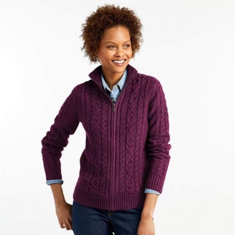 LL‎ Bean Burgundy Double L Mixed Cable Full Zip Mock Neck Cardigan Sweater LARGE